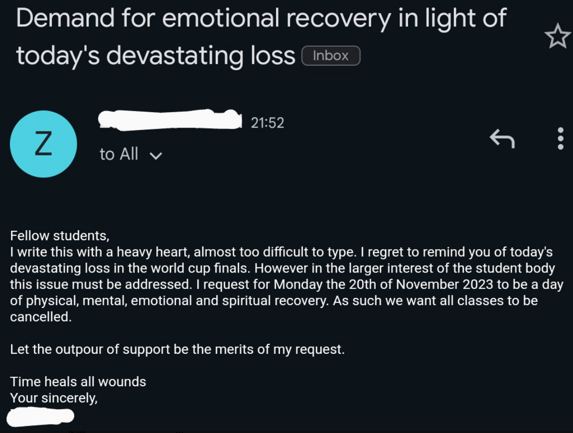 ‘A day of physical, mental, emotional and spiritual recovery’, student sends an email to the authorities demanding a leave in light of India’s ‘devastating loss’
